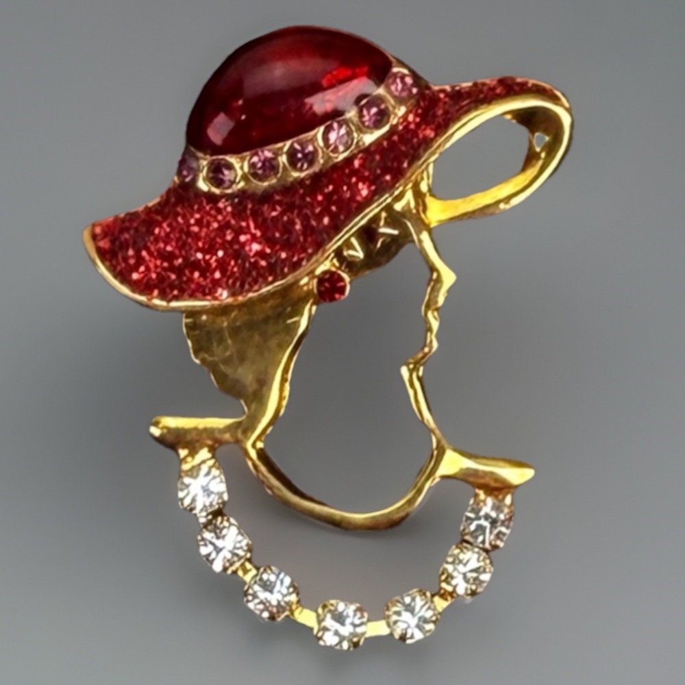 Vintage, goldtone, red bling, lady, in hat, brooch pin